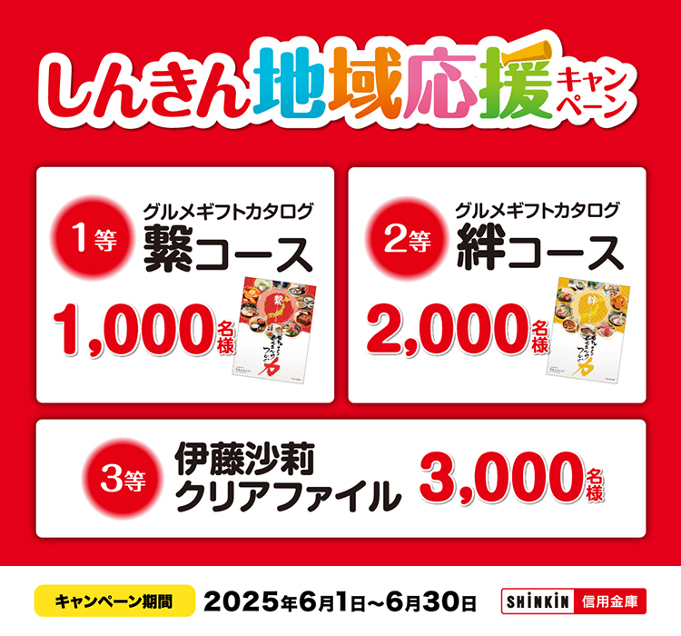 しんきん地域応援キャンペーン 1等グルメギフトカタログ繋コース1000名様 2等グルメギフトカタログ絆コース2000名様 3等伊藤沙莉クリアファイル3000名様 キャンペーン期間2025年6月1日〜6月30日